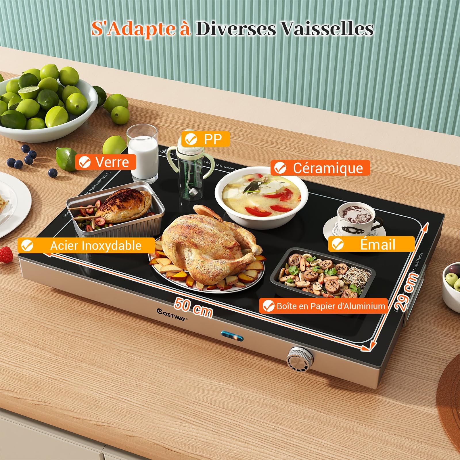 COSTWAY Chauffe Plat Electrique, Plaque Chauffante avec Plateau en Verre Trempé, Température Réglable, Poignées Isolantes, Réchauffe Plat, pour Buffets, Fêtes, Réunions de Famille(56 x 37 cm)