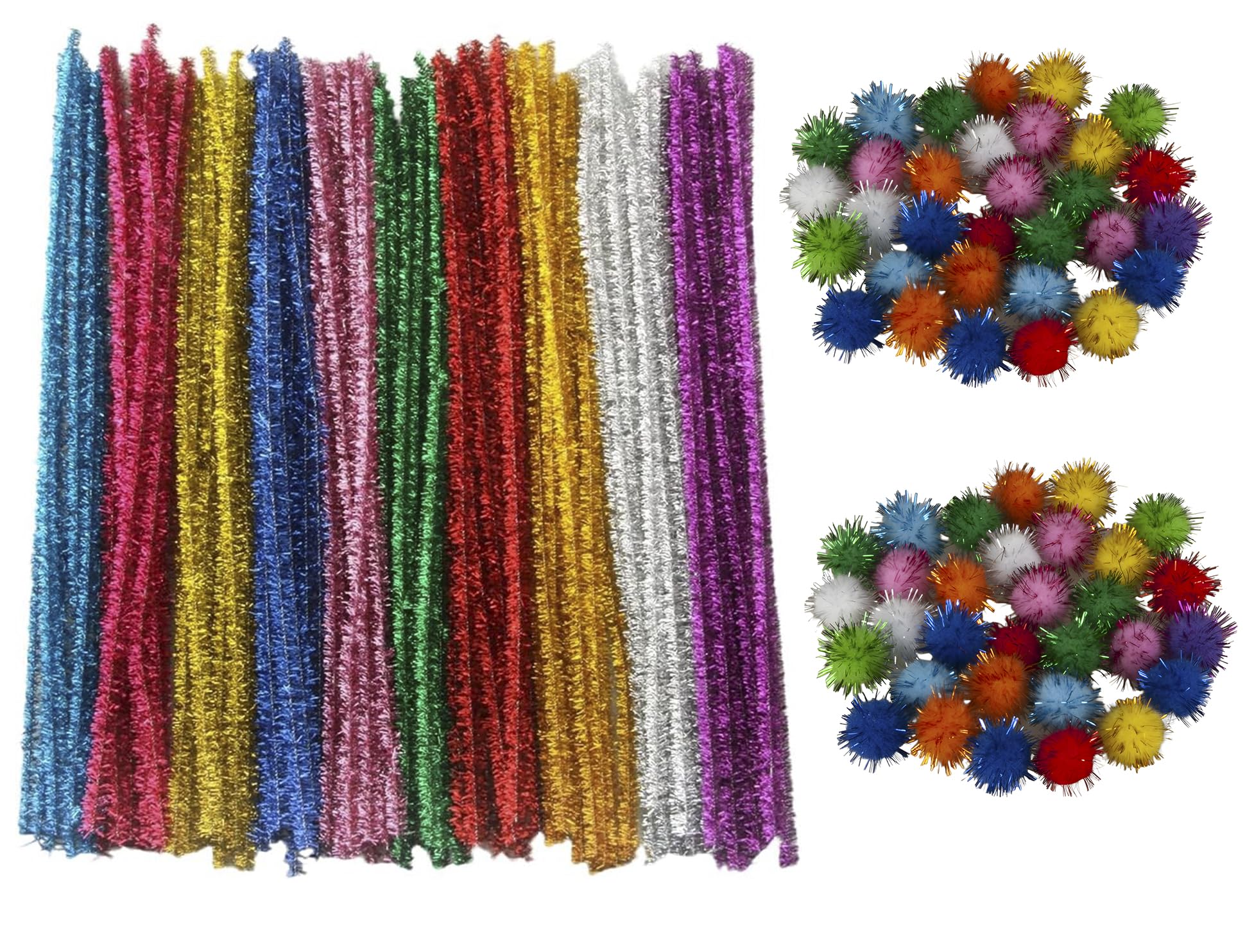 MAHAVIMOKSA 200pcs Mixed 10 Colors Glitter Sparkle Pipe Cleaners Tinsel Stems and Pompoms for Art Craft DIY Party Home Decoration