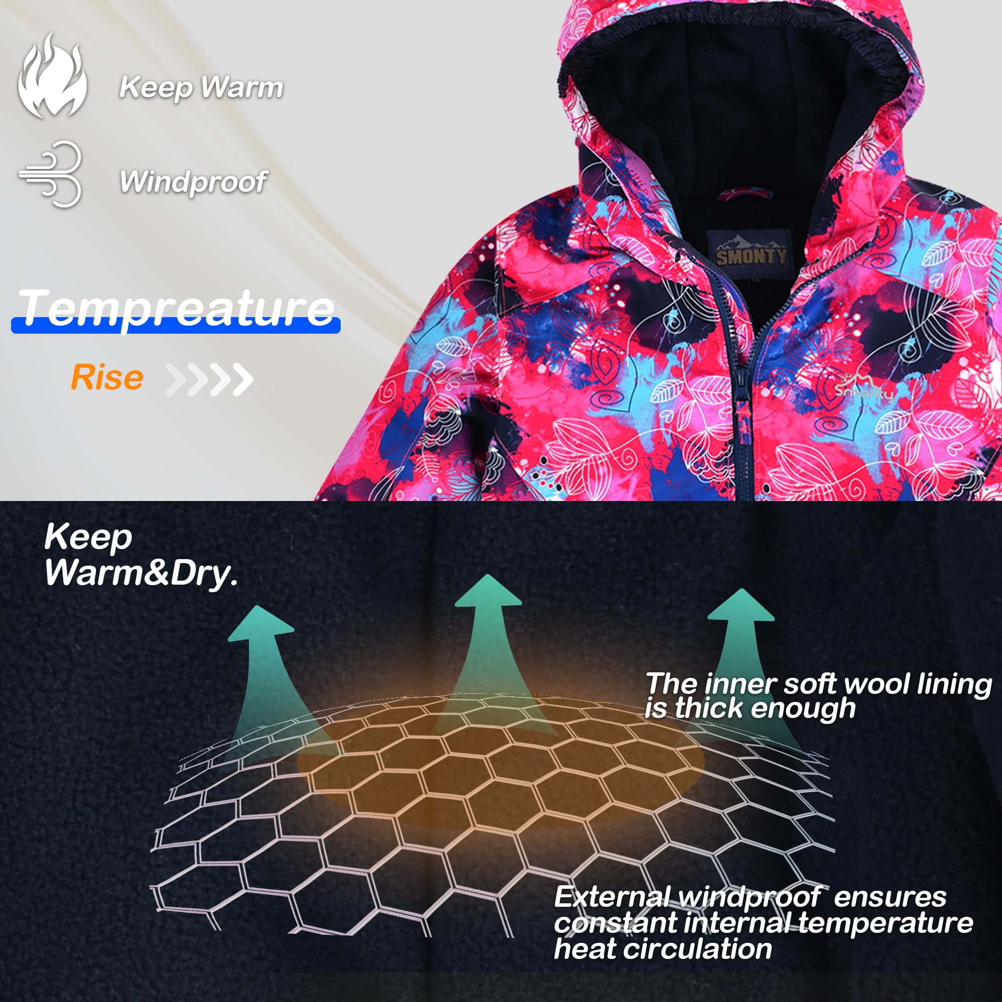 SMONTY COZY - Tuta da neve per ragazze con cappuccio, impermeabile, tuta da sci, antivento, tuta invernale