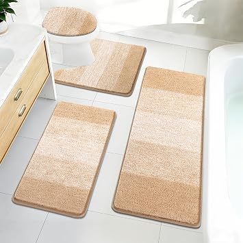 Bsmathom Bathroom Rugs Sets 4 Piece, Soft Absorbent Microfiber Bath Rugs with U-Shaped Contour Toilet Rug and Toilet Lid Cover, Thick Non-Slip Plush Shaggy Bath Mat Set,Beige