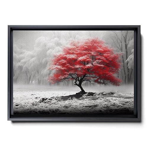 Black and White Red Forest Canvas Wall Art - Modern Landscape Trees Nature Art for Living Room, Bedroom, Kitchen, and Home Decorations