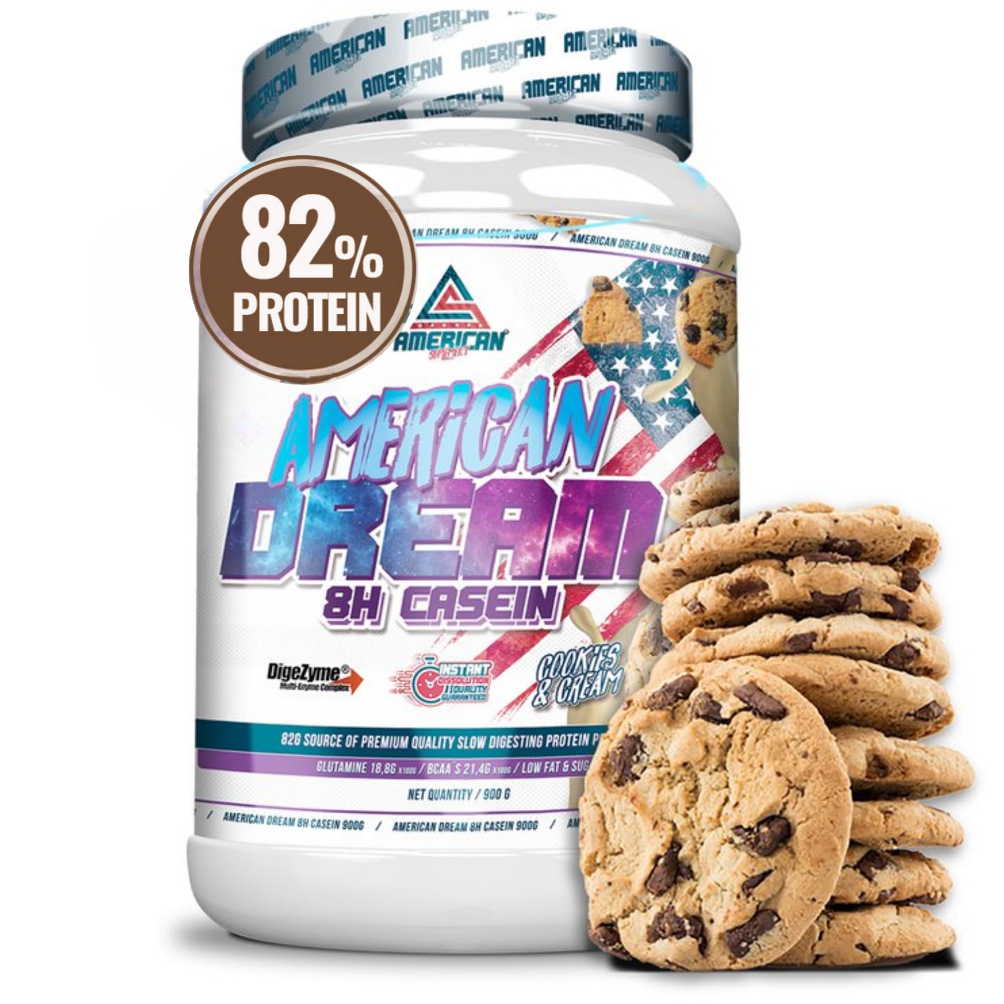 American Dream Casein | Caseina Micelar | Evita el Catabolismo | Caseina Proteina | Recuperador Muscular | con Proteina de Suero de Leche | 900 gramos (900g, Cookies)
