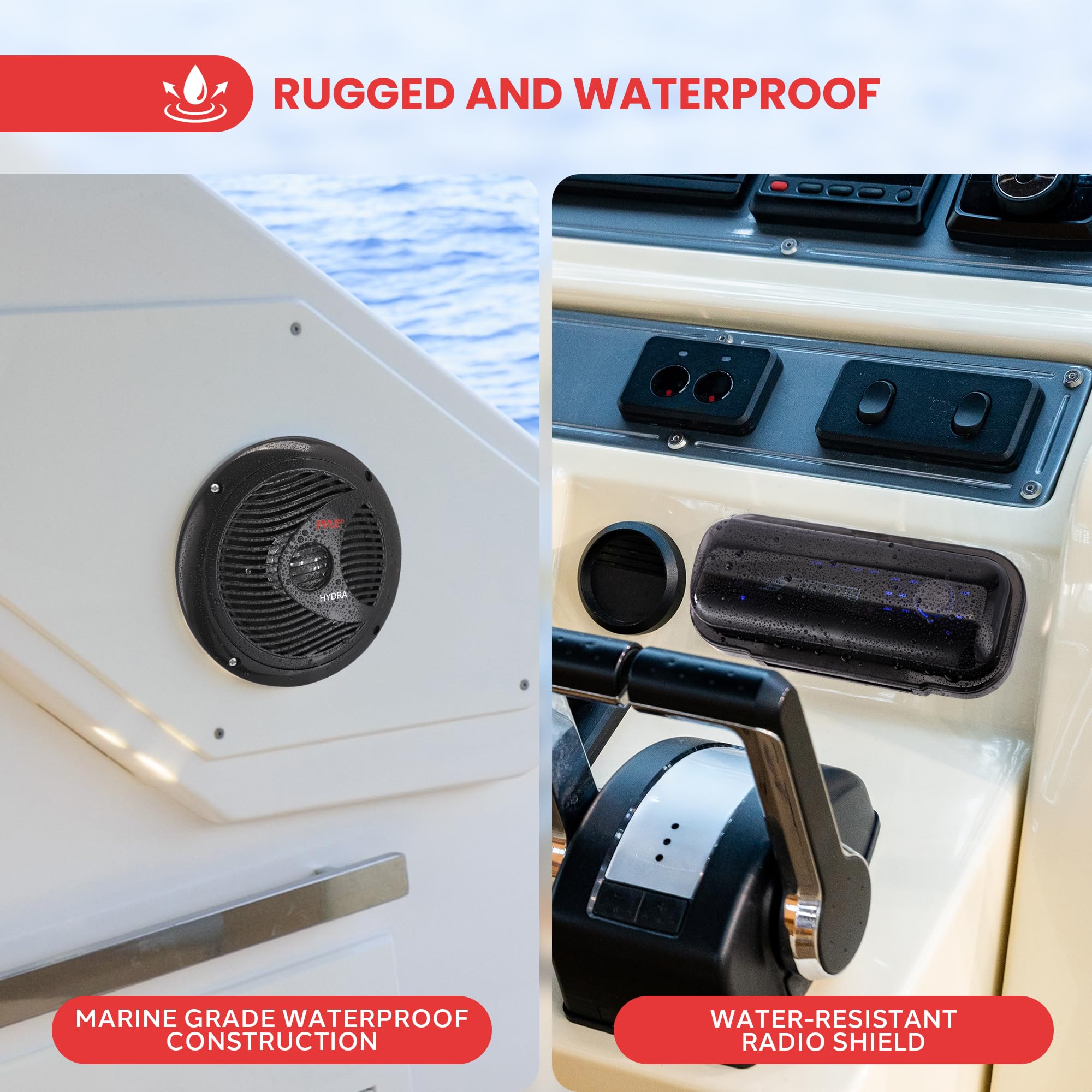 Pyle Marine Headunit Receiver Speaker Kit - In-Dash LCD Digital Stereo Built-in Bluetooth & Microphone W/ AM FM Radio System 5.25'' Waterproof Speakers (2) MP3/SD Readers & Remote Control-PLMRKT46BK