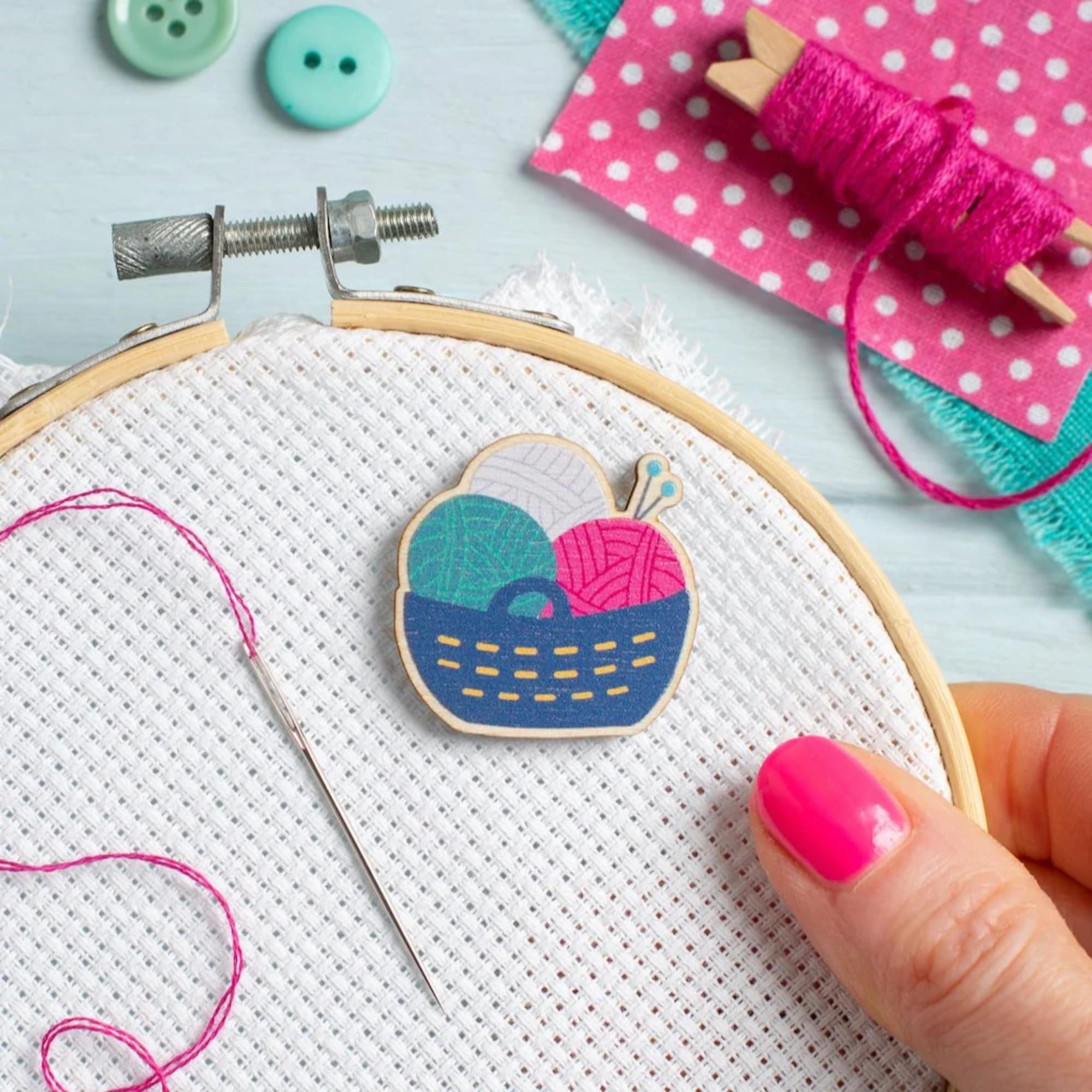 Hawthorn Handmade Needle Minder for Cross Stitch, Embroidery, Sewing & Needlework Accessories. Magnetic Needle Holder, Wooden Stitching Accessory for Holding Needles - Yarn Basket Design.