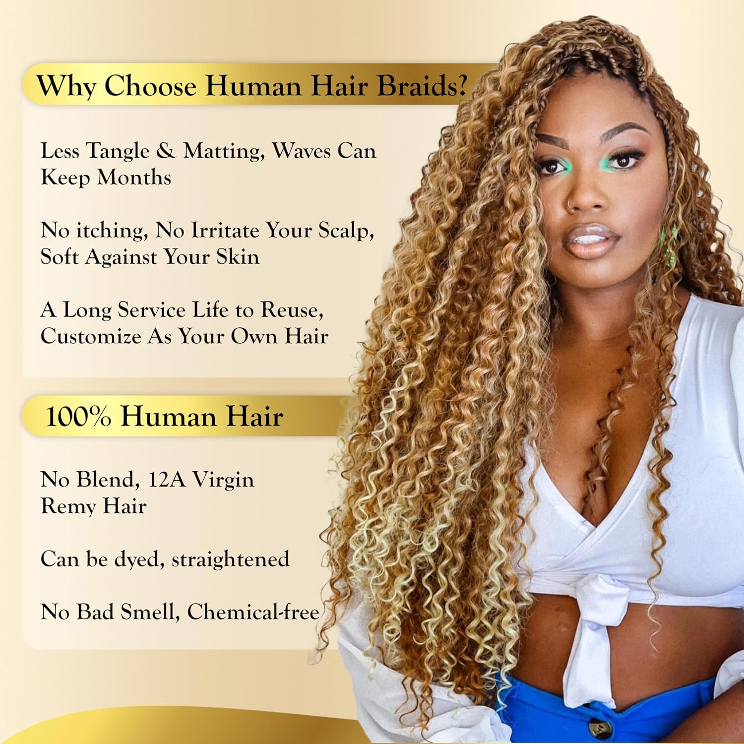 F27/613 Human Hair Deep Wave Bulk for Boho Braids, 12A Multi Blonde Highlight Braiding 100% Real Virgin Hair No Weft Honey Blonde Ombre #27/613 Culry Braids Miracle Knots 16 Inch 50G