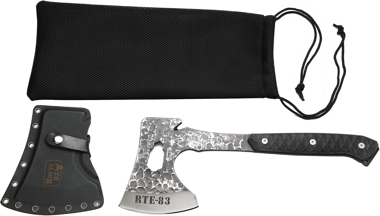 ROUTE83 Knives Hand Hammered Titanium Plated Tactical Tomahawk Hatchet Axe with Kydex Sheath