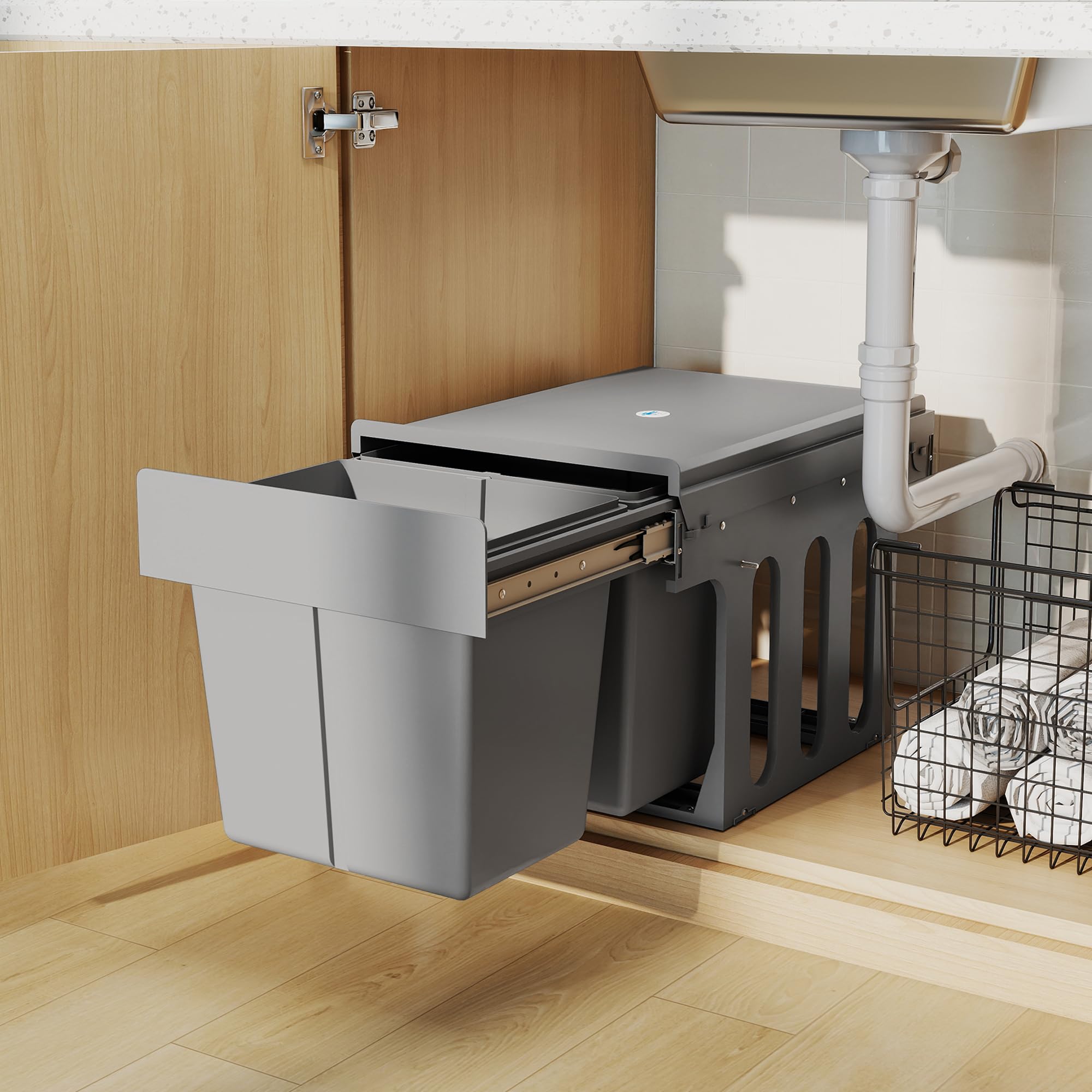 HOMCOM Cubo de Basura bajo Fregadero con 2 Cubos 30L (15Lx2) Gris Claro | Cubos de Basura, 2 Contenedores de Reciclaje Extraíbles, Fijación Inferior, para Reciclaje y Residuos