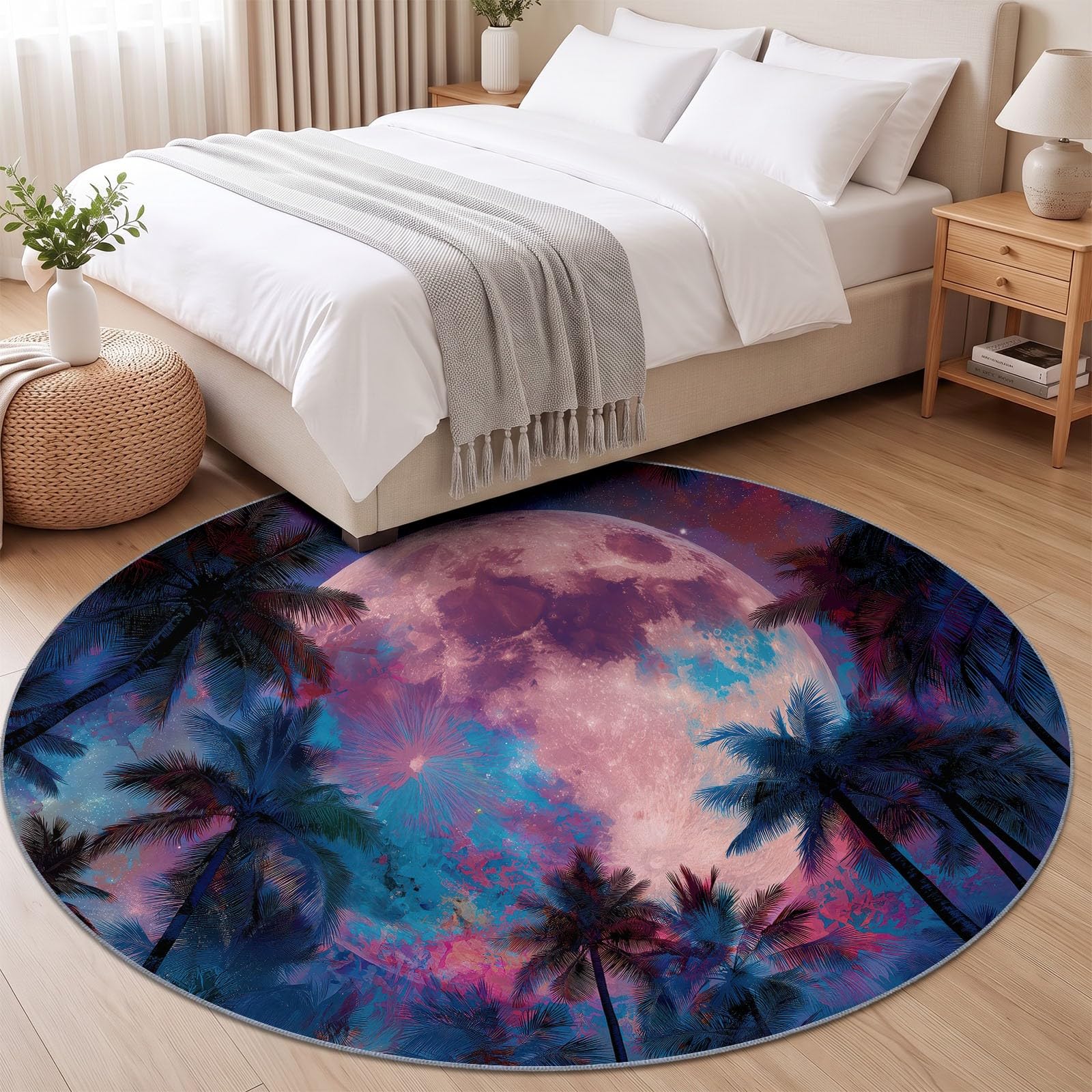 Tapis Rond 150 cm, Tapis Psychédélique Lune Étoiles Arbres Lavable en Machine pour Salon - Cercle antidérapant - Multicolore imprimé pour Salle à Manger Chambre d’Enfant nurserie
