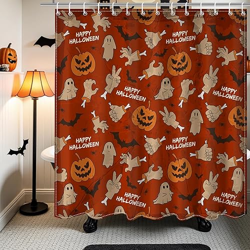 Miniatura 8 de Mocsicka Cortina de ducha de Halloween para baño, divertida cortina de ducha espeluznante con 12 ganchos, araña de murciélago de mano rota para
