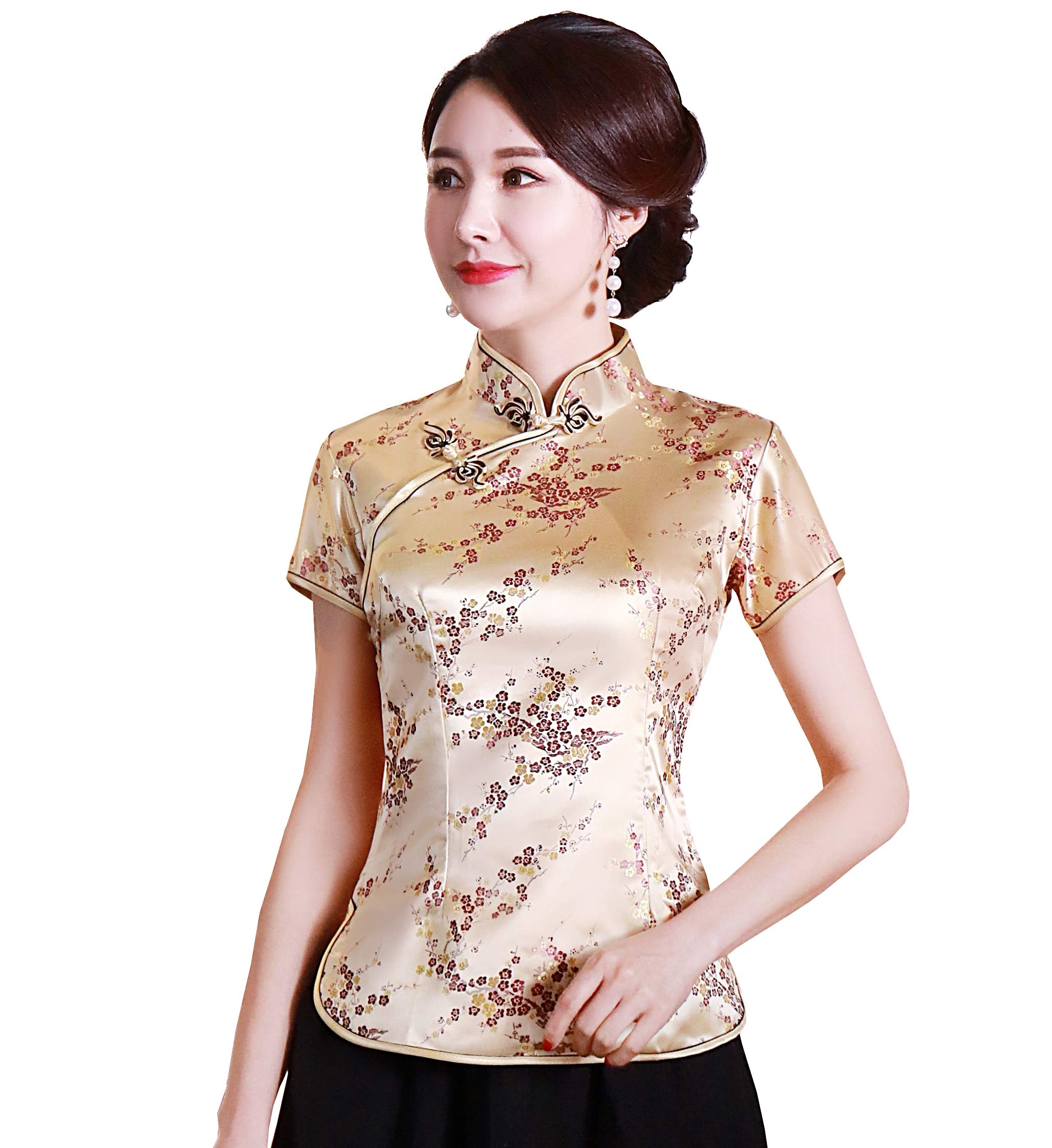 XueXian Women's Floral Flower Satin Brocade Qipao Top Mandarin Collar Chinese Shirt Blouse Tang Suit (14, Gold)