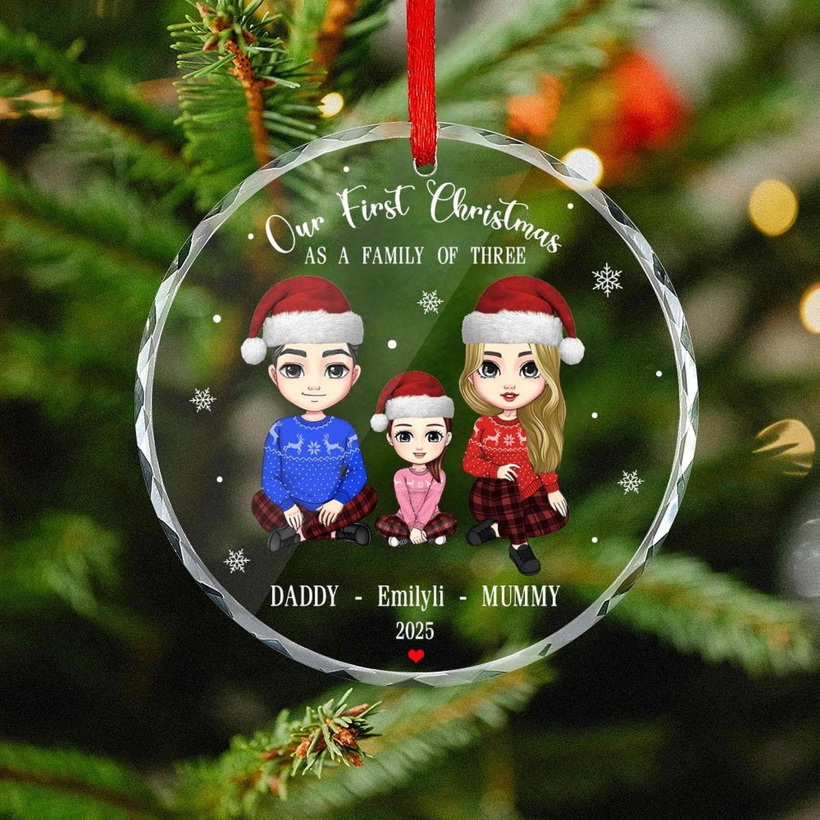 Custom Name Our First Christmas As A Family of Three Crystal Ornament, Personalized 2025 1st First Christmas Family of 3 New Baby Glass Ornament Xmas Tree Crafts Gifts for New Mom Parents