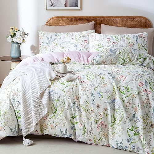 Miniatura 10 de EAVD Juego de funda de edredón floral para niña, tamaño individual, color verde, con 2 fundas de almohada, funda de edredón floral bohemia con