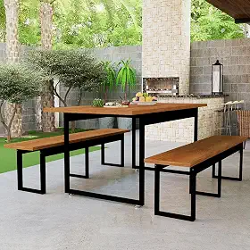 Mesa Com Bancos Estilo Industrial 160x80 6 Lugares Base De Ferro Para Sala De Jantar (Nature)