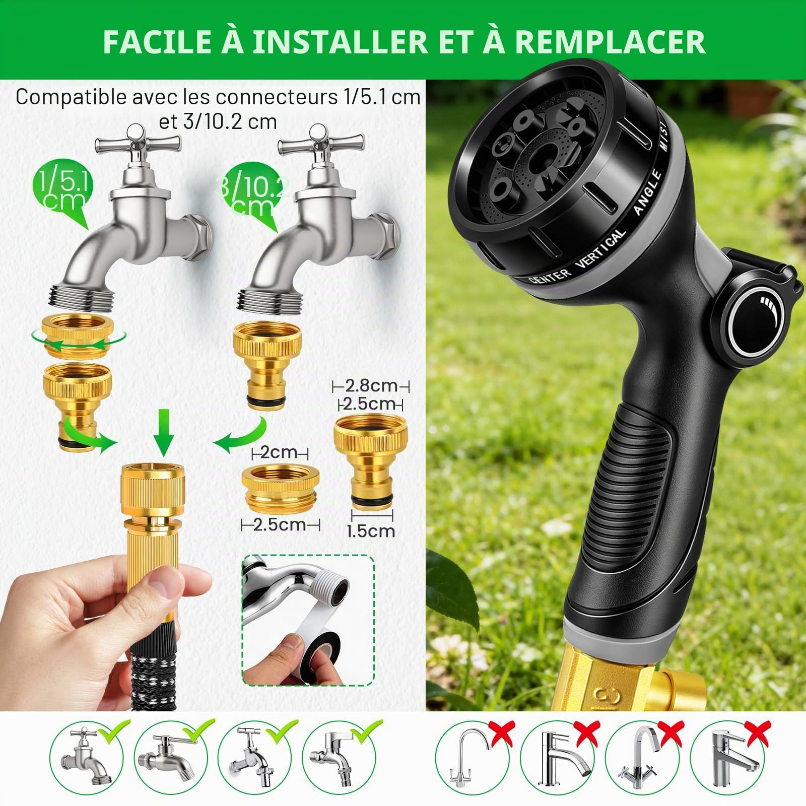 Tuyau Arrosage Extensible 15m, Tuyau d'arrosage Retractable avec 1/2" et 3/4" Adaptateur, Tuyaux d'arrosage avec 10 Modèles de Pulvérisation pour Jardin Irrigation Nettoyage Laver la Voiture