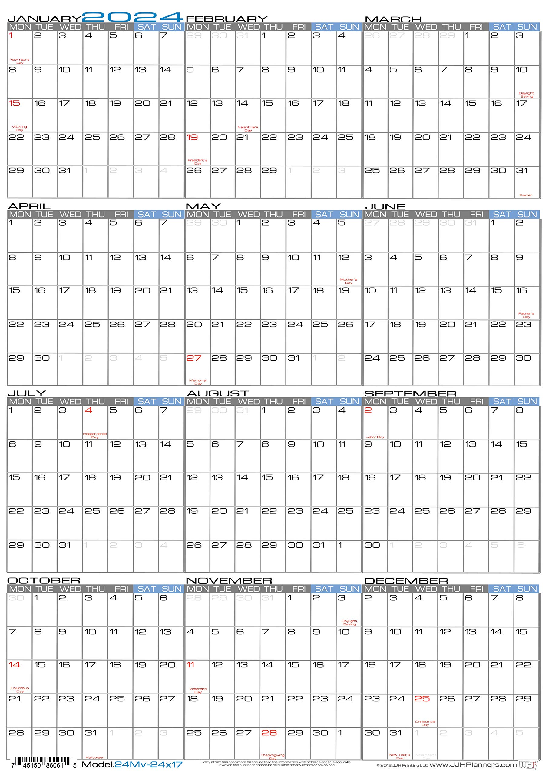 Laminated - 24" X 17" Medium Monday Start Week 2024 Wall Calendar - Vertical 12 Month Yearly Annual Planner (24Mv-24x17)