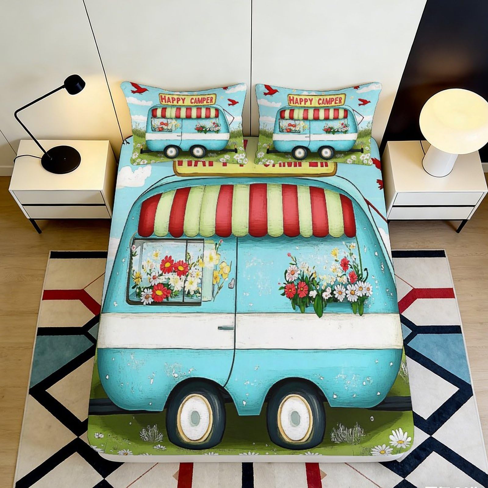 Jxqhbvmg Style-8 3D Printed Camper Cartoon Fitted Sheet Microfiber Deep Pocket Non-Slip Camper Mattress Fitted Cover For Bedroom Bedding 90X200x25cm
