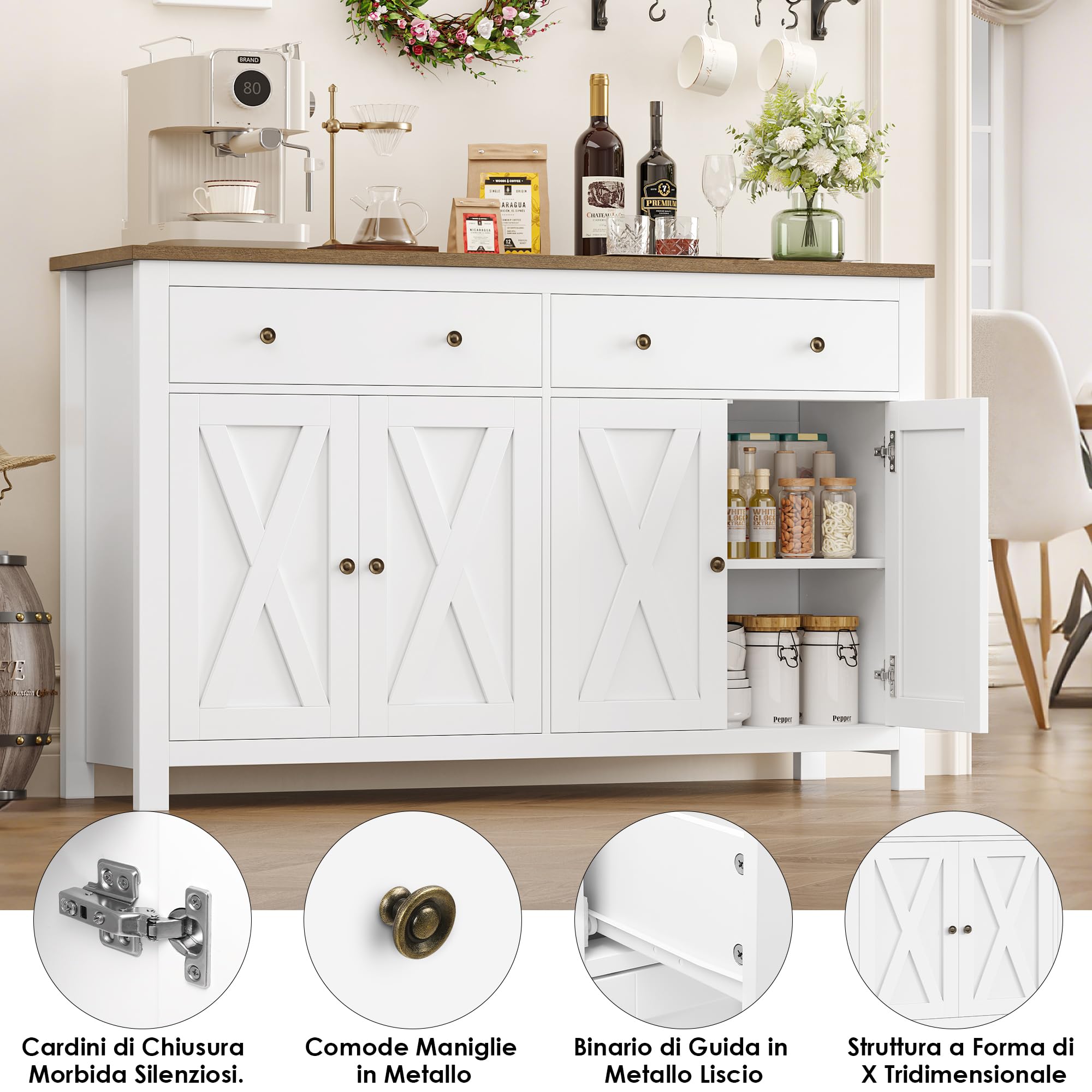 FirFurd Larga 140cm Mobile Cucina, Credenza Cucina con 2 Cassetti e 4 Ante, Moderno Buffet Mobile con Ripiani Regolabili e Rimovibile, Per Cucina, Sala da Pranzo, Soggiorno, 140x40x89cm, Bianco