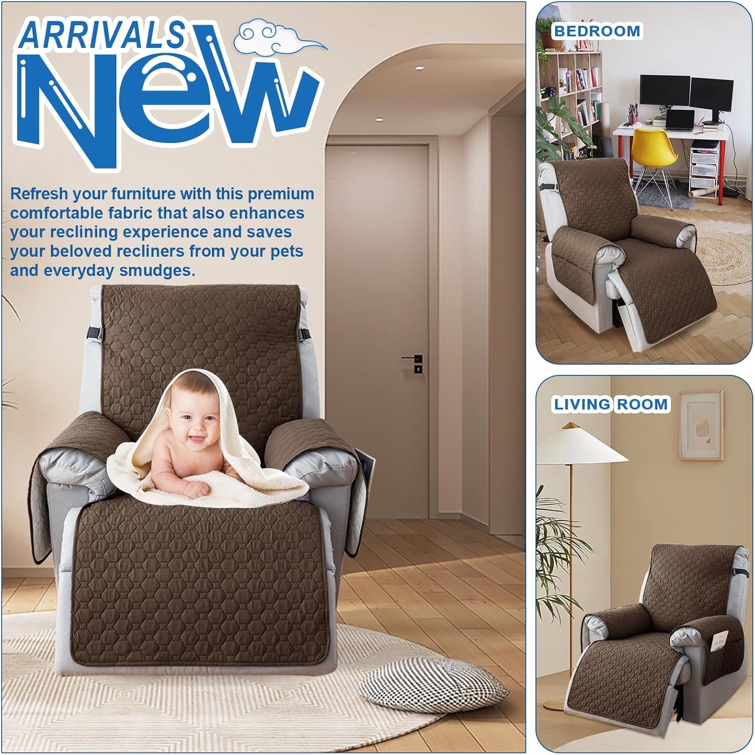 100% Waterproof Recliner Chair Covers, Anti-Slip Recliner Cover, Washable Recliner Slipcover with Pocket, Elastic Straps for Pets, Dogs, Brown