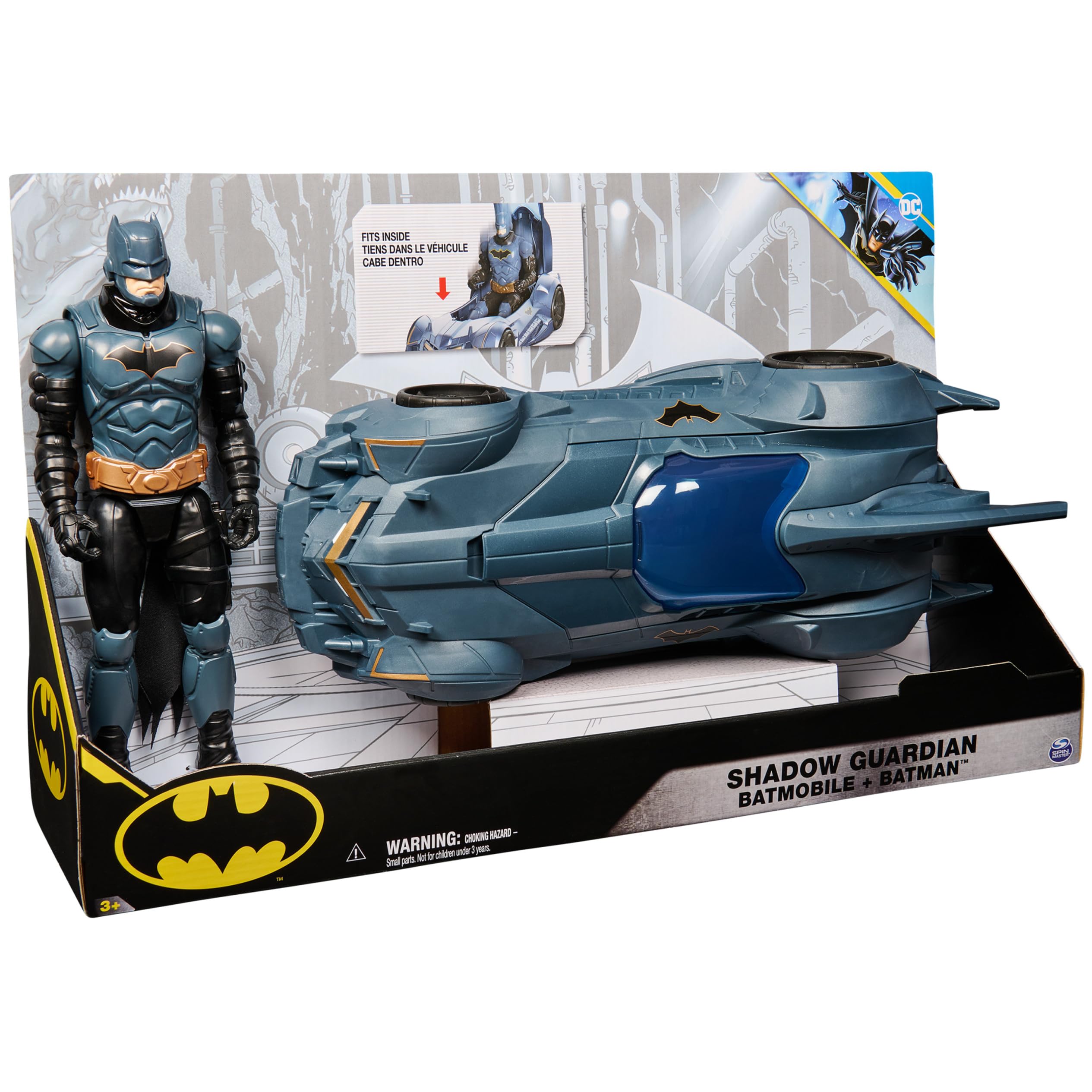 DC Comics Shadow Guardian Batmobile + Batman Actionfigur - Fahrzeug mit Verdeck zum Öffnen, bewegliche 30cm Batman-Actionfigur im Original Comic-Design, für Kinder und Superheldenfans ab 3 Jahren