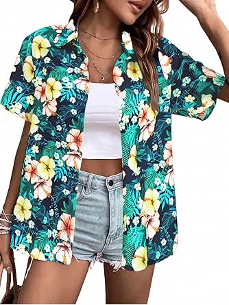 Hawaiian Shirts for Women Hawaii Tropical Button Down Tops Summer Beach