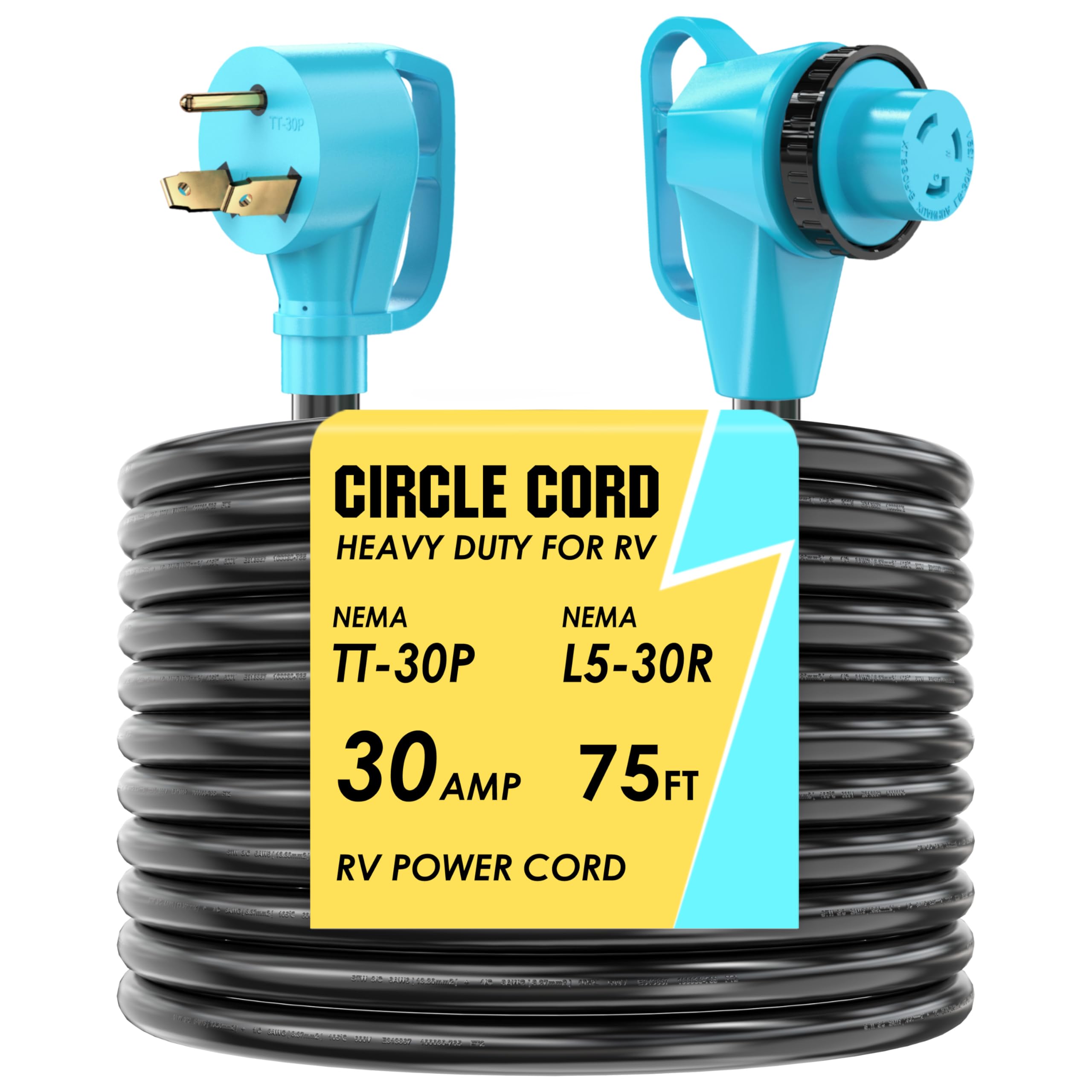 Photo 1 of CircleCord 30 Amp 75 Feet RV Power Cord with 90° Right Angle Twist Locking, Heavy Duty 10 Gauge STW Pure Copper Wire with Grip Handle, TT-30P to L5-30R with Cord Organizer for RV Trailer Campers