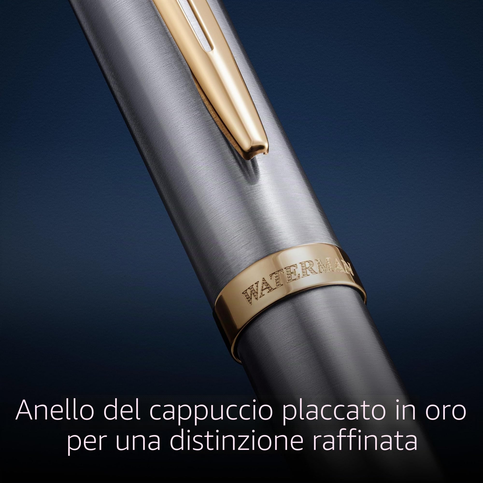 Waterman Impression Penna Stilografica | Pennino Medio con Ricarica di Inchiostro Blu | Acciaio Inossidabile con Rifiniture Placcate in Oro | Confezione Regalo
