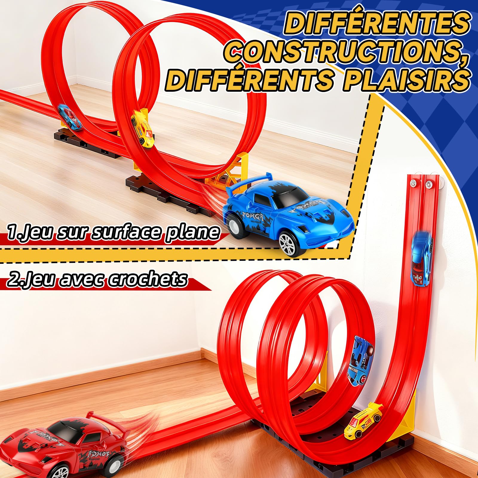 Charmofun Circuit Voiture Enfant 5M, 1:64 Piste de Voiture avec 4 Voitures,Sac Rangement, Circuit de Voiture avec Rampe et Lanceur, Piste de Course Portable Double Voies pour Enfants de 3+ Ans (Rouge)