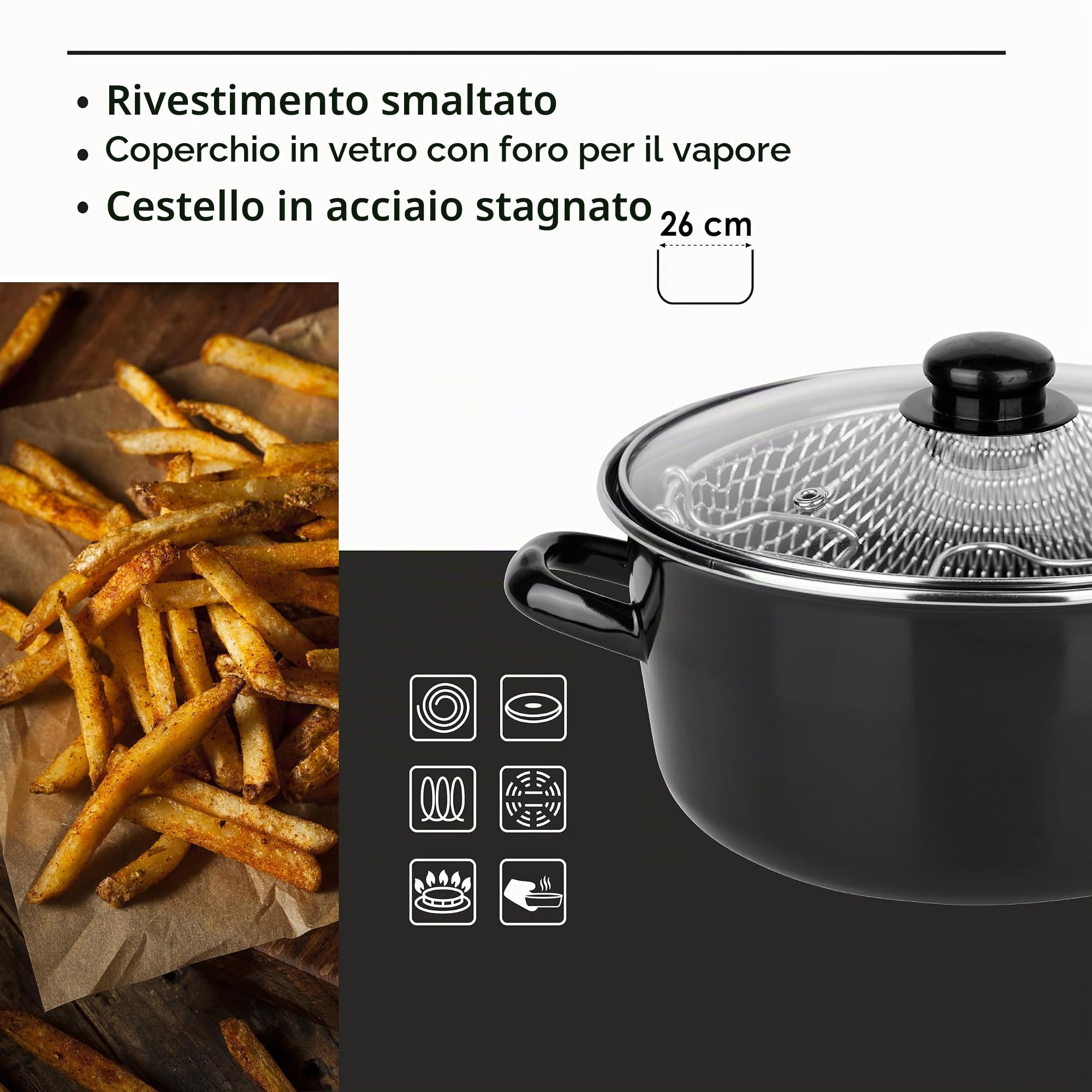 Crealys 545413 - Friggitrice tradizionale in acciaio smaltato, diametro 26 cm, con cestello stagnato e coperchio in vetro, tutti i piani cottura, induzione