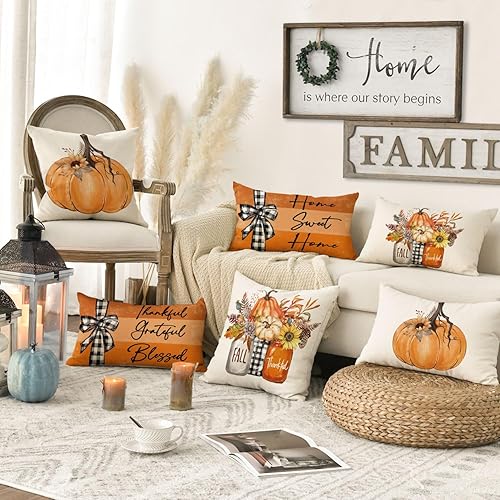 Miniatura 3 de AVOIN colorlife Juego de 4 fundas de almohada de otoño con diseño de calabaza y dulce hogar, 12 x 20 pulgadas, decoración de otoño agradecida
