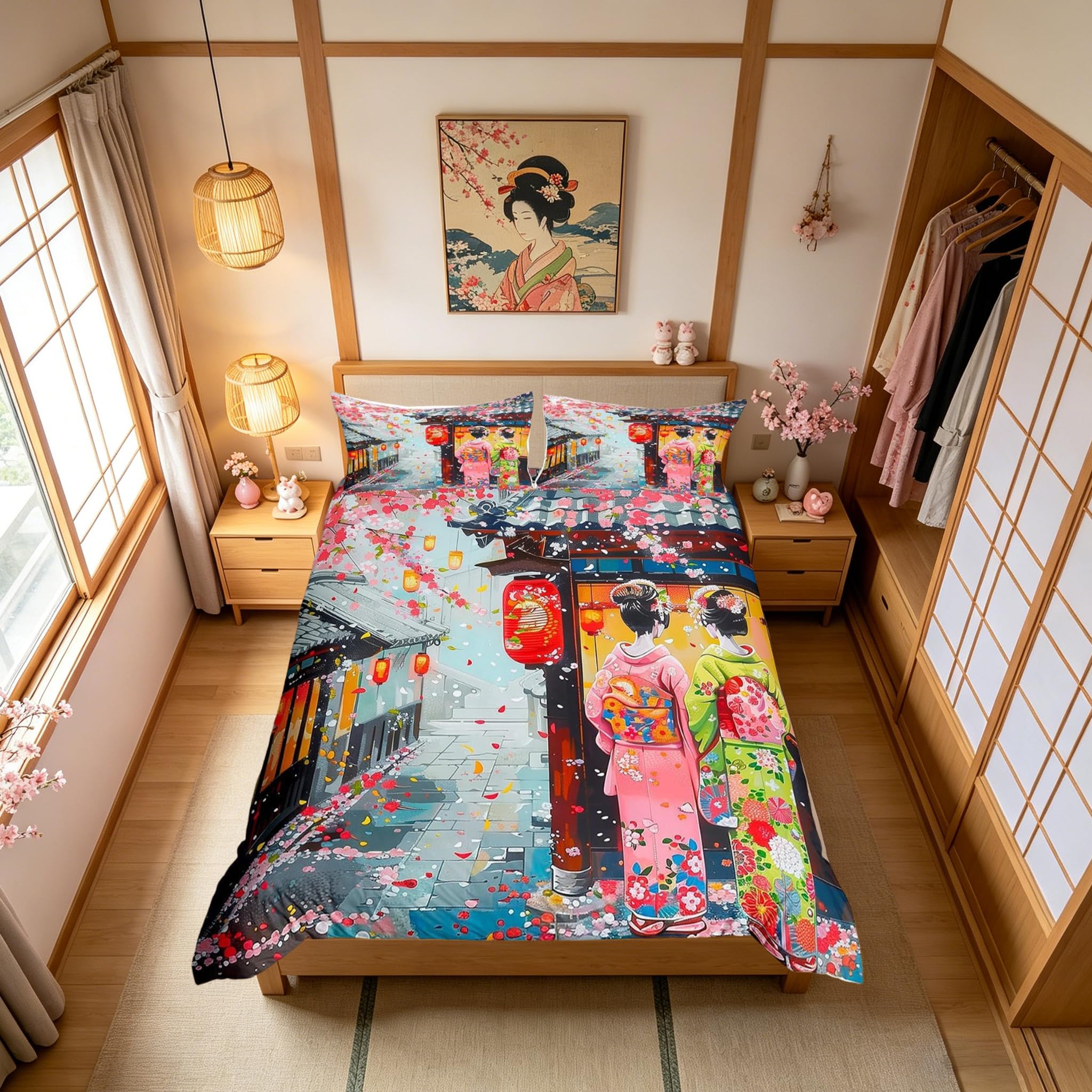 Loussiesd Japanese Style Bedding Set Japan Woman Duvet Cover Set for Kids Boys Girls Cherry Floral Comforter Cover Sakura Quilt Cover Room 3Pcs Super King Size,Zipper