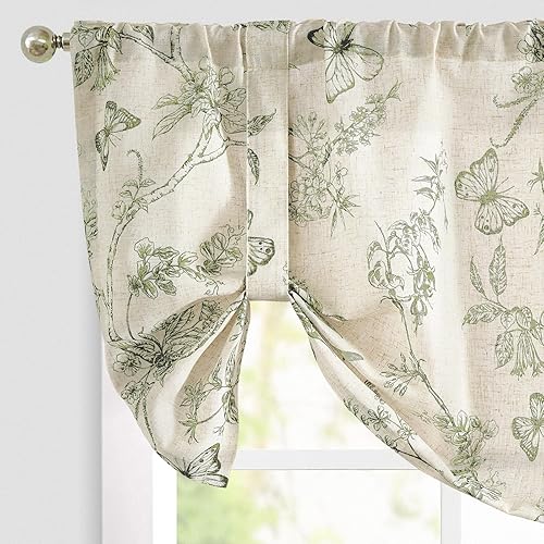 Miniatura 28 de Lazzzy Cenefa de cocina para ventanas, con aislamiento térmico, cortina opaca con estampado floral, lino sintético, cenefa de cortina para cocina