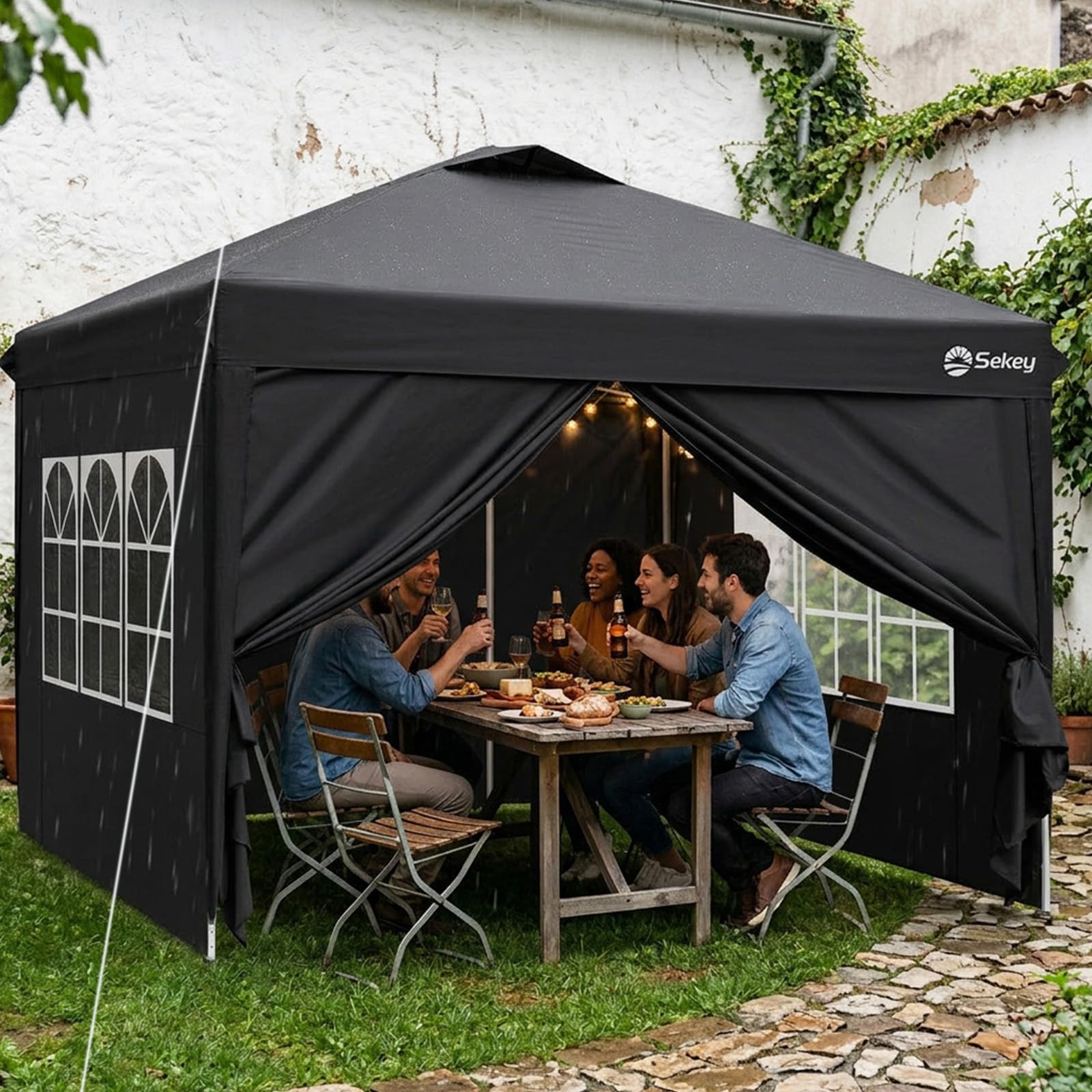 Sekey Tonnelle Pop-up 3 x 3 m, étanche, Stable, résistante à l'hiver, Pliable, 3 x 3 m, avec parois latérales, Hauteur réglable en 3 Niveaux (Noir, 3x3 avec parois latérales)