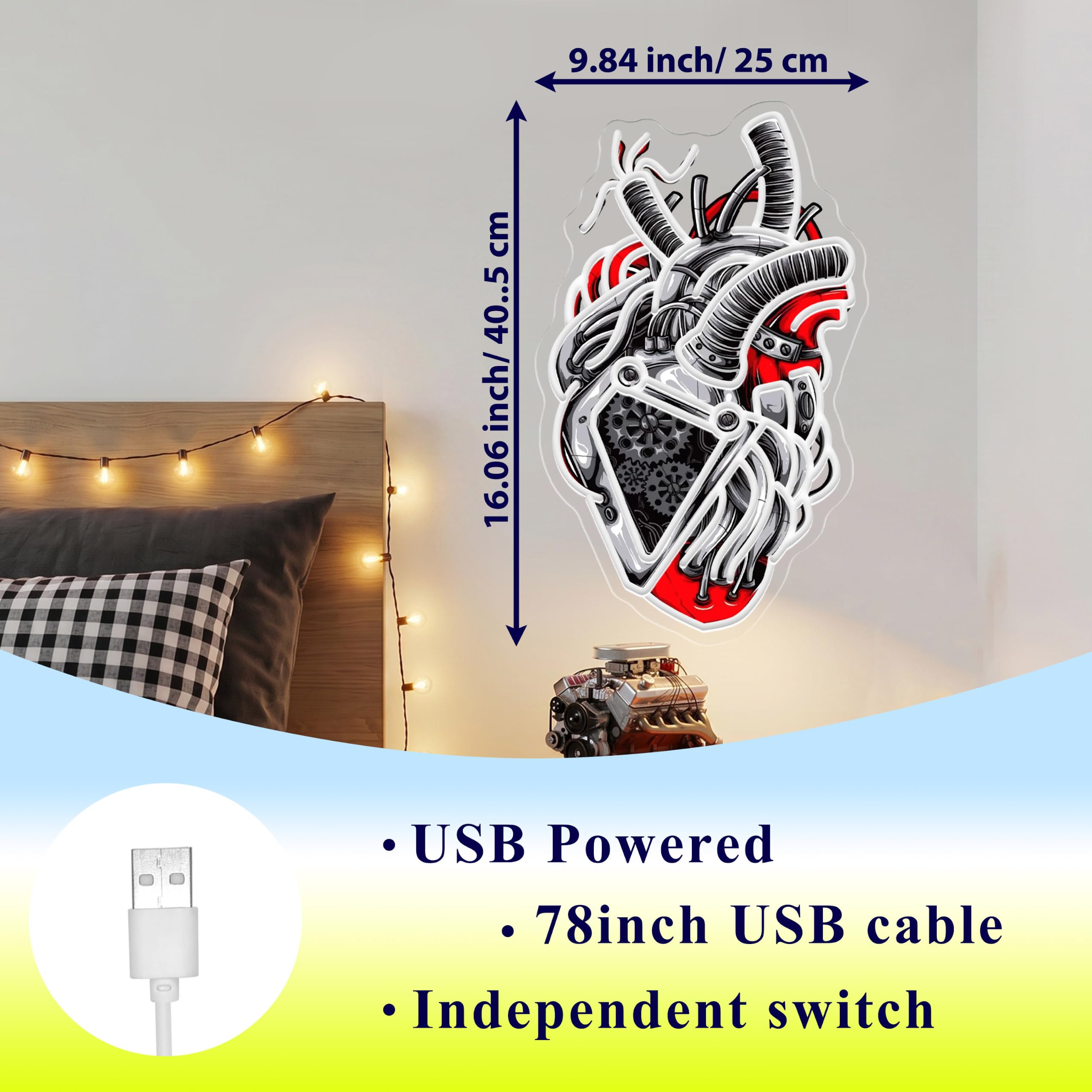 Cyberpunk - Insegna al neon a LED a forma di cuore meccanico, dimmerabile per sala giochi, insegna a LED per camera da letto, camera da letto, stanza dei ragazzi, 25 x 40,79 cm