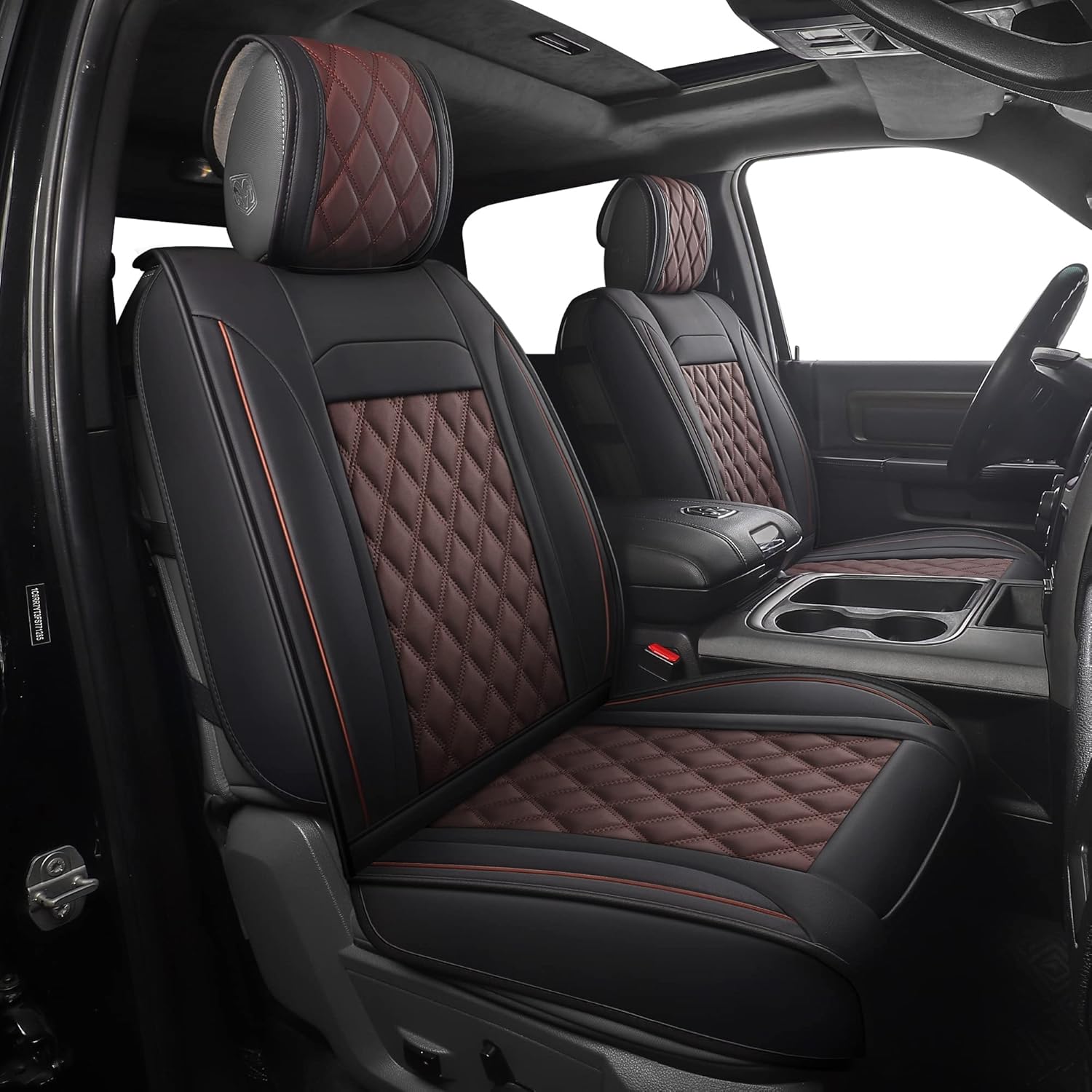 JOJOBAY Car Seat Covers for Dodge Ram,Fit 2009-2025 1500/2500/3500 HD Pick-up Truck,Crew,Regular,Quad,Mega Cab,Waterproof Synthetic Leather Seat Covers(2PCS-Front,Black-Brown)