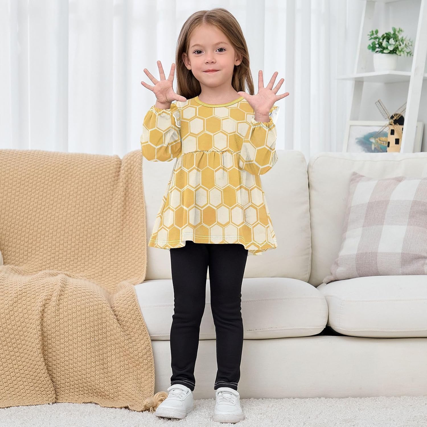 visesunny Toddler Clothes for Girls Geometric Honeycomb Pattern Long Sleeve Fall Shirts Cotton Top with Ruffle Collar