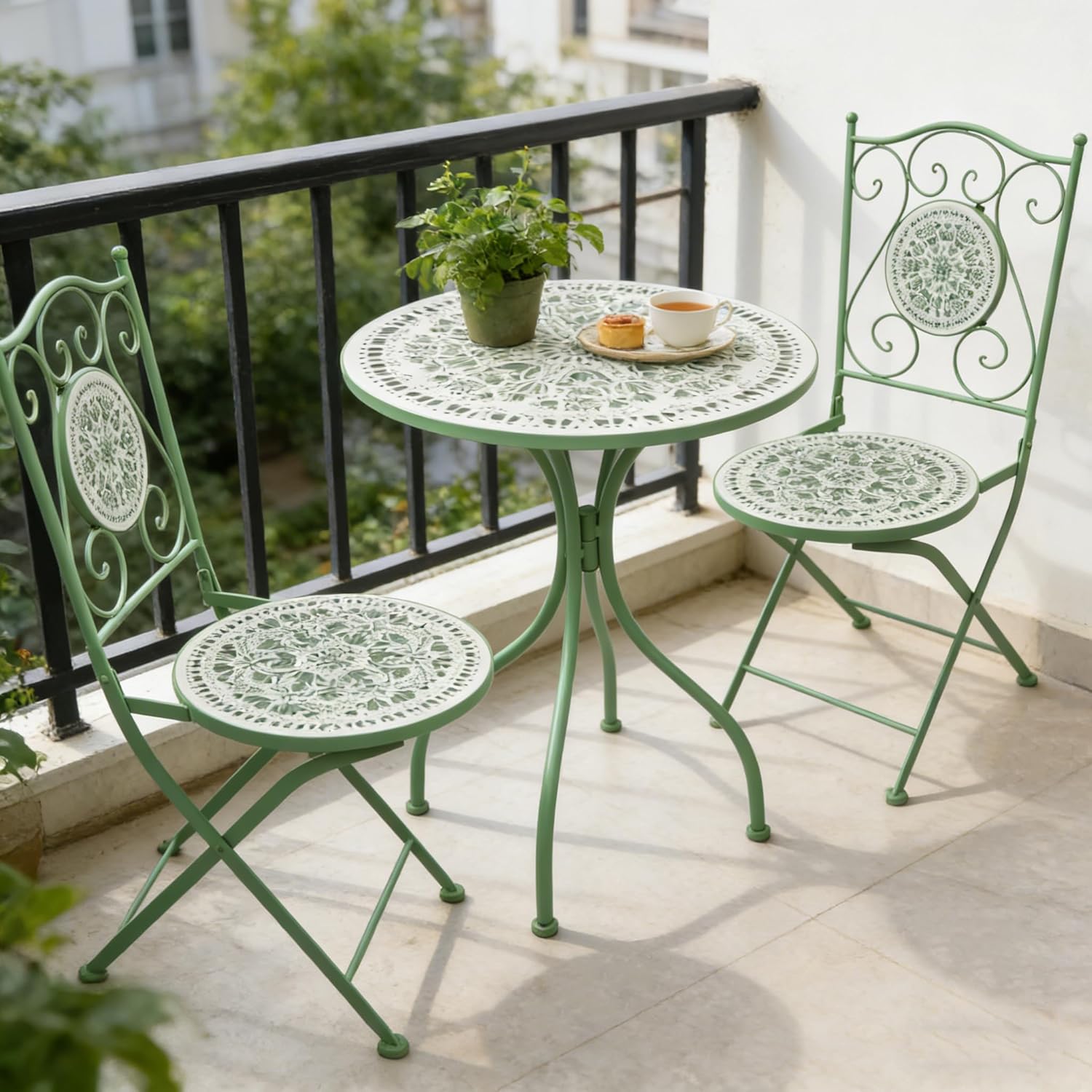 Rustic Patio Bistro Metal Folding Chairs Mosaic Pattern Ceramic Tiles Seat and Iron Frame Decor Outdoor Chair for Farmhouse Garden Backyard Porch Pub Lawn Dining Kitchen Furniture Green Flower
