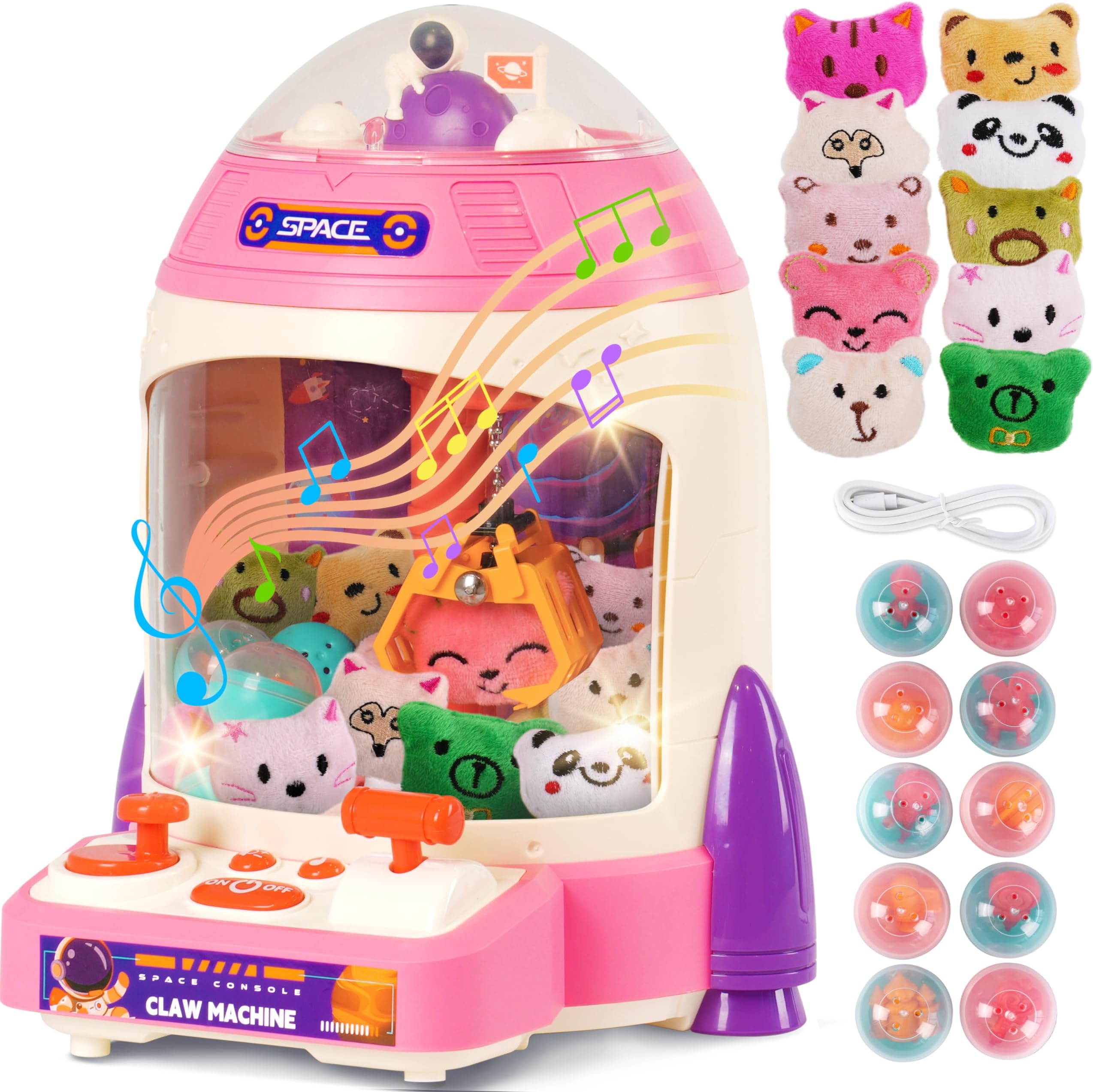 Bambibo Mini Claw Machine for Kids - Pre Assembled Pink Rocket Shaped, Arcade Machines for Home | Kids Vending Machine | Mini Arcade Machine with Music | Indoor Toys Mini Arcade Game for Kids Age 3-8