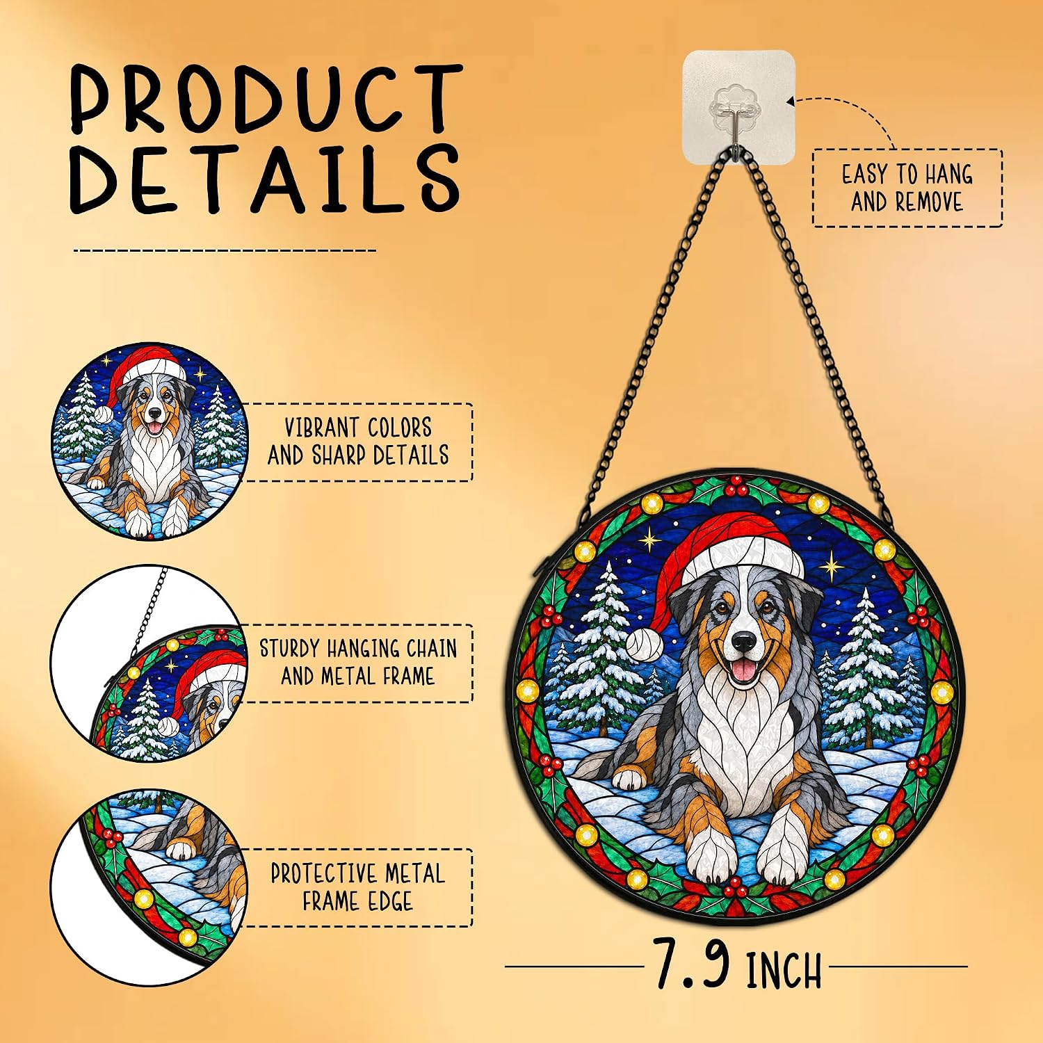 Christmas Australian Shepherd Dog Stained Glass Suncatcher Hanging