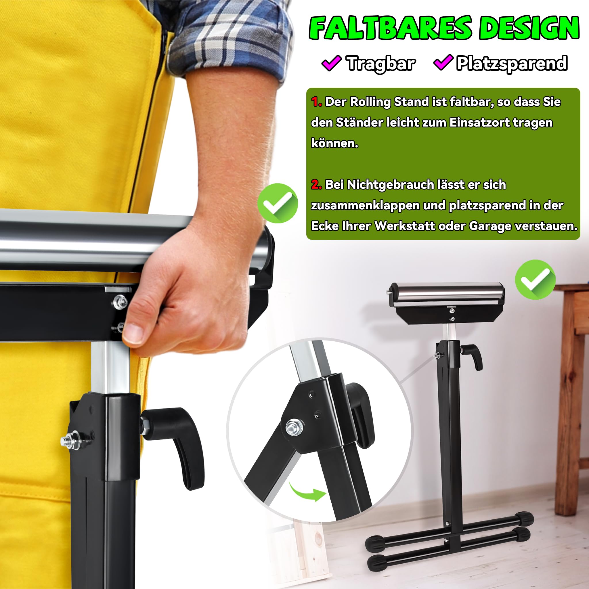 Froadp Set di 2 rotelle in acciaio, 68 – 108 cm, regolabile in altezza, con piedini antiscivolo, pieghevole, per banchi da lavoro, attrezzi di espansione, capacità di carico 60 kg per pezzo