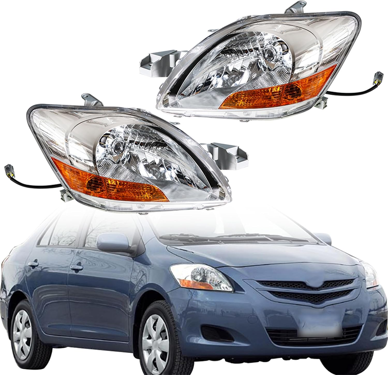 Replacement for Toyota Yaris Sedan 2007-2011 Headlight Assembly Projector Chrome Left and Right Side Pair