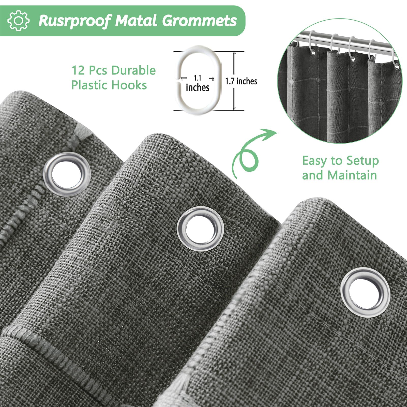 Rideau de douche en tissu robuste texturé en lin de style bohème et moderne avec glands, pour salle de bain, imperméable, 183 x 183 cm, gris anthracite