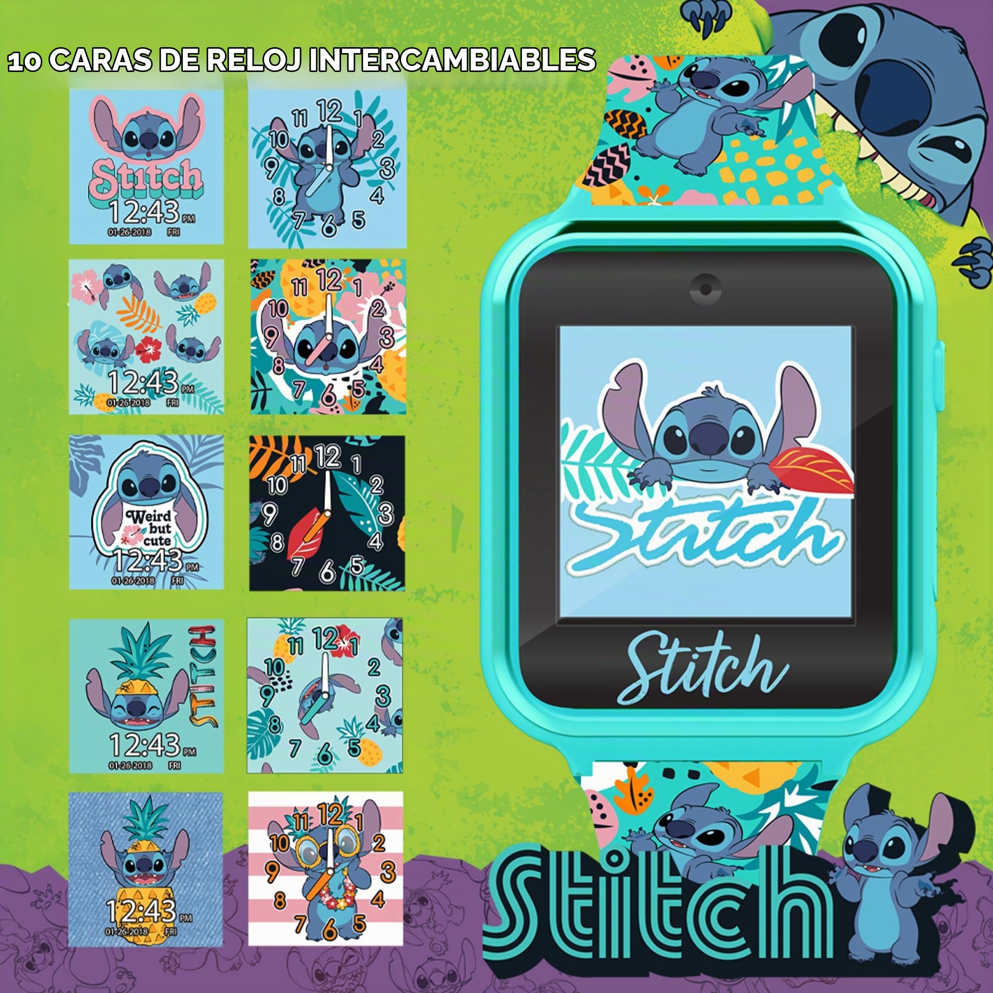 Disney Stitch - Reloj Inteligente Interactivo para niños, Aprendizaje Divertido con 10 Caras de Reloj, Juegos, Contador de Pasos y cámara, Turquesa, 40 mm, Moderno