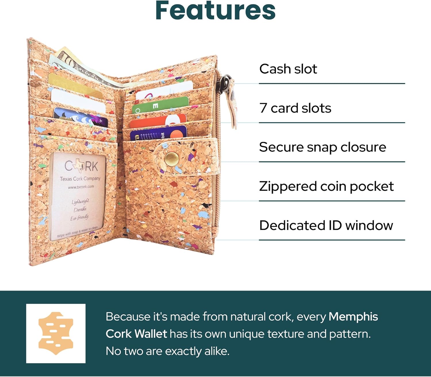 Slim Wallet for Women – Vegan Cork Leather Wallet with Coin Pocket, 7 Card Slots & ID Window – Lightweight Medium-Sized Wallet