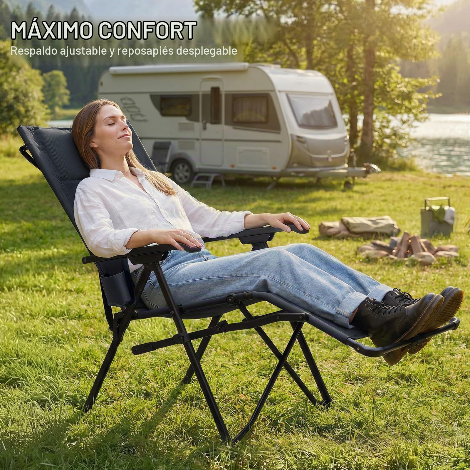 TIMBER RIDGE Silla de camping plegable en 4 posiciones, respaldo ajustable con reposapiés, asiento acolchado plegable, 150 kg, tumbona de jardín para camping, jardín, balcón, autocaravana