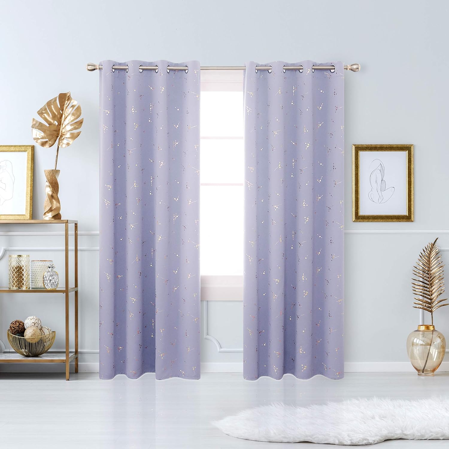 Deconovo Long Blackout Curtains Constellation Pattern Foil Printed Curtain, Grommet Blocking Window Drapes for Living Room (Light Purple, 52 x 108 inch, 2 Panels)