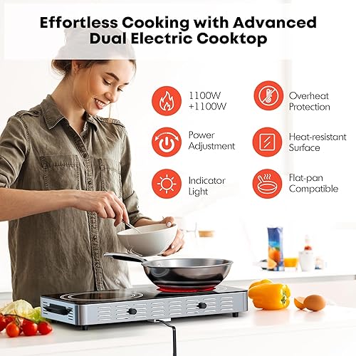 Miniatura 5 de Placa de cocina eléctrica, quemador infrarrojo dual de 2200 vatios, placa eléctrica de 2 quemadores para cocinar, encimera de control de perilla y