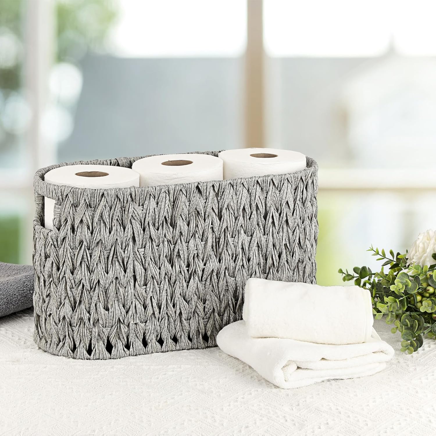 Sumnacon Toilet Paper Storage Basket Freestanding, Woven Toilet Paper Holder Stand with Handle, Decorative Narrow Bathroom Baskets Sturdy Plastic Organizer Bin for Tissue Rolls, Toiletries, Towels - Image 8