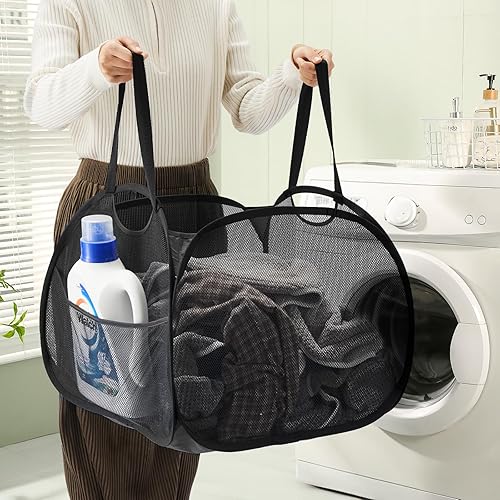 Miniatura 5 de TECHMILLY Cesta plegable de malla con asas fuertes, cesta de ropa de gran apertura con bolsillos laterales, cestas de almacenamiento para