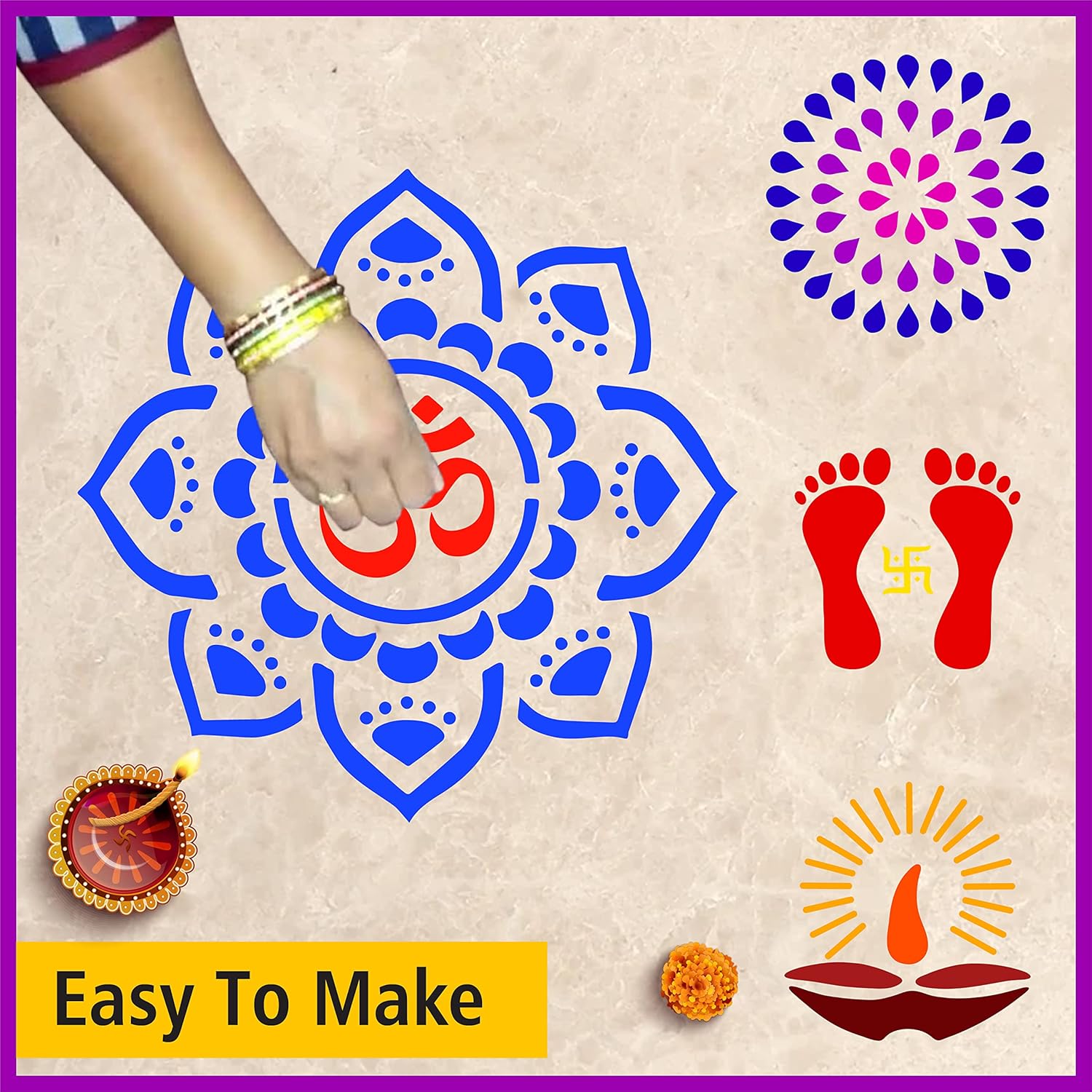 Mandala Rangoli Stencil with 6 Rangoli Colours | Mandala Rangoli Stencil | Laxmi feet for Door Entrance Rangoli Stencil | Diwali Diya Rangoli Stencil | Set of 4 |