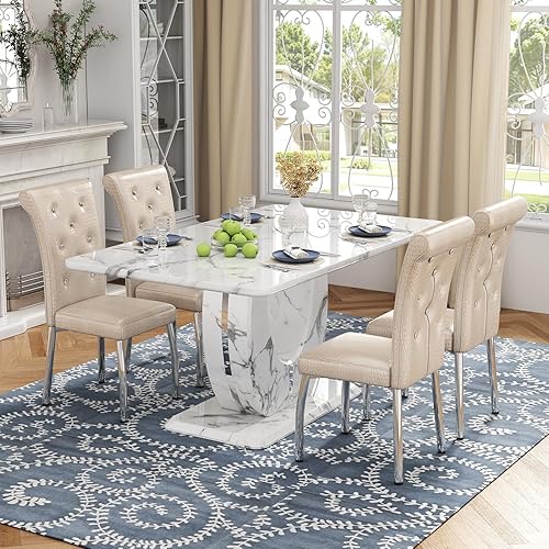 Miniatura 15 de JUFU Juego de mesa de comedor de mármol para 6 personas con mesa de mármol sintético de 63 pulgadas y pedestal en forma de U, mesa de comedor 6